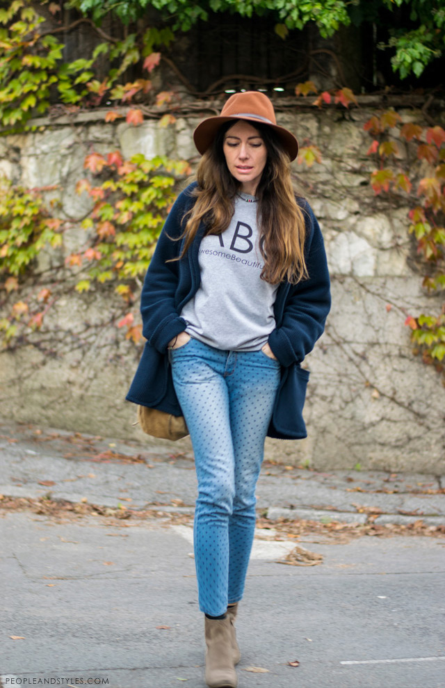 polka dot jeans, heart shape dots jeans Zara, how to style skinny jeans and fedora hat, Ana Josipović, keep it simple style, jesen zima moda 2014, kako stilizirati fedora šešir i uske traperice na točkice