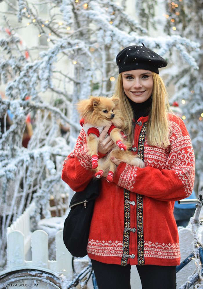 Arhitektica Nina Mia Čikeš stil, ulična moda advent u Zagrebu, street style, moda zima crveni džemper i beretka, čizme s resama, johann franck, ulična moda StyleZagreb.com