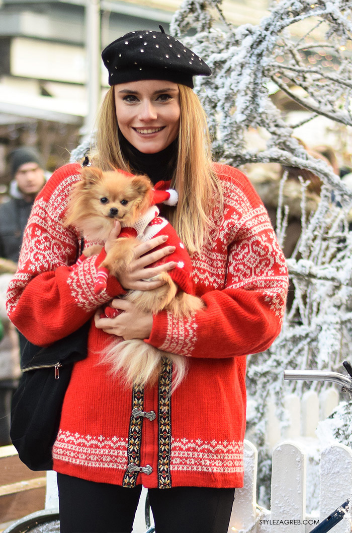 Zagreb in winter, Arhitektica Nina Mia Čikeš stil, ulična moda advent u Zagrebu, street style, moda zima crveni džemper i beretka, čizme s resama, johann franck, ulična moda StyleZagreb.com