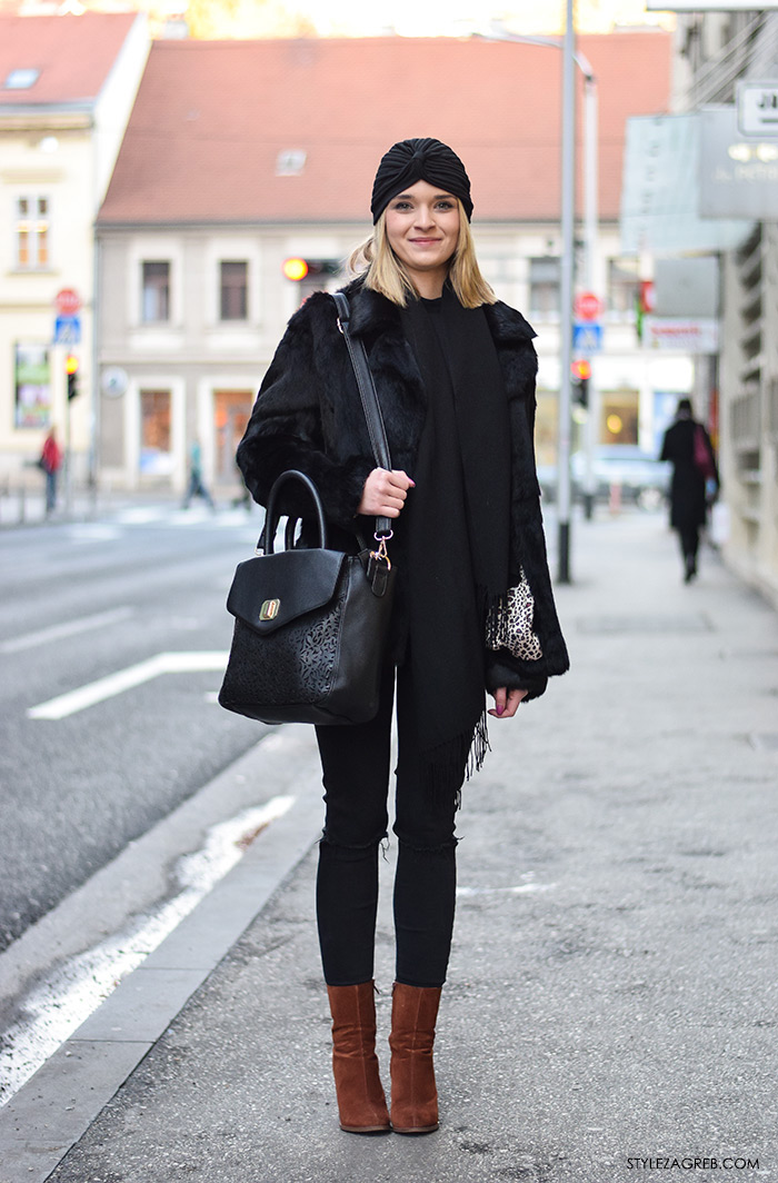 Moda: što se nosi prvih siječanjskih dana u Zagrebu, street style; crni turban, crna bundica, crne podrapane traperice, čizme gležnjače, Lucija Žukina