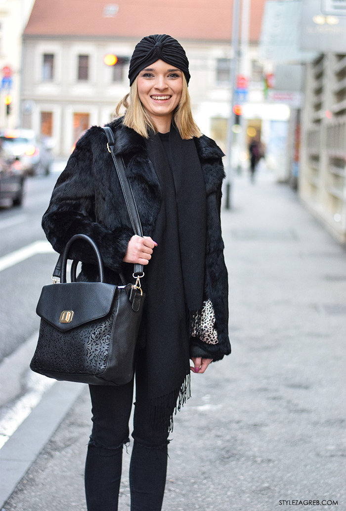 Moda: što se nosi prvih siječanjskih dana u Zagrebu, street style; crni turban, crna bundica, crne podrapane traperice, čizme gležnjače, Lucija Žukina