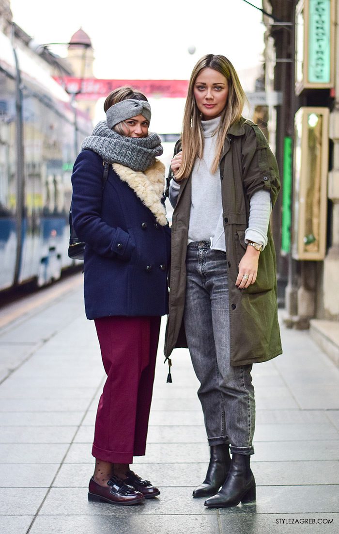 Zagreb street style moda siječanj 2016, Ilica, stajling parka, siva pletena dolčevita, tamno sive traperice; mornarski navy kaputić s krznom, sivi šal i traka oko ušiju, tri četvrt hlače boje vina, točkaste najlonke, ravne cipele; Mihaela Katić i Nikolina Matanović, window dresser, Zara