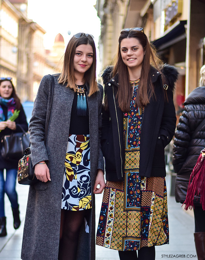 Street style moda Zagreb veljača 2016. Ana Prkačin, studentica informatike i Ivana Prkačin, studentica ekonomije. Ideje za svakodnevni stajling MODA: Kako kombinirati boho haljinu i zimski look