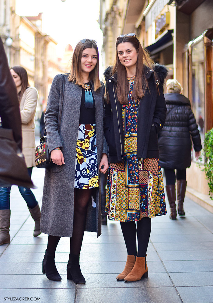 Street style moda Zagreb veljača 2016. Ana Prkačin, studentica informatike i Ivana Prkačin, studentica ekonomije. Ideje za svakodnevni stajling MODA: Kako kombinirati boho haljinu i zimski look