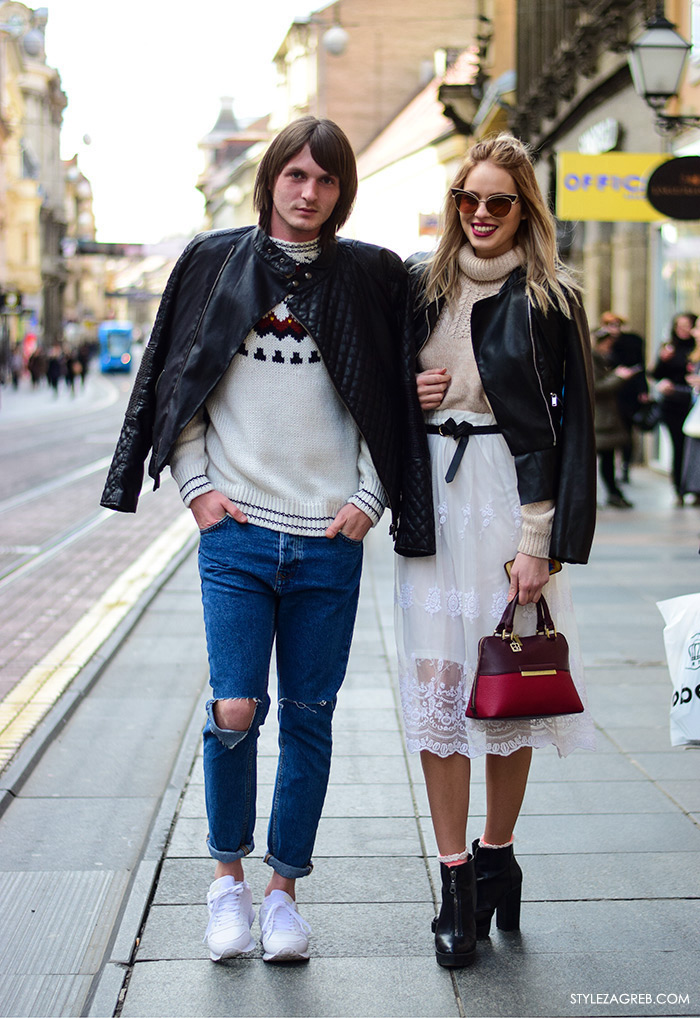 Zagreb street style stylish frendovi Antonella Bačić instagram Marin Goluža, ulična moda zagrebačka špica, muški stil: kako kombinirati bajkersku jaknu, poderane traperice i bijele tenisice, ženski stil: kako kombinirati bajkersku jaknu, dolčevitu i suknju od čipke 