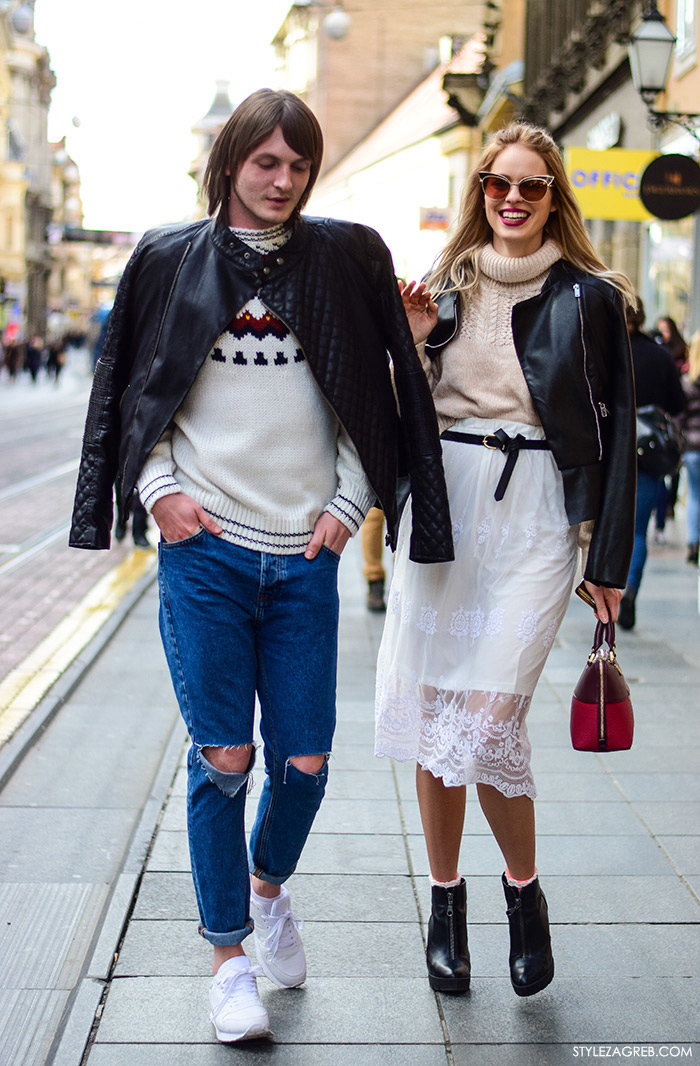 Zagreb street style stylish frendovi Antonella Bačić instagram Marin Goluža, ulična moda zagrebačka špica, muški stil: kako kombinirati bajkersku jaknu, poderane traperice i bijele tenisice, ženski stil: kako kombinirati bajkersku jaknu, dolčevitu i suknju od čipke 