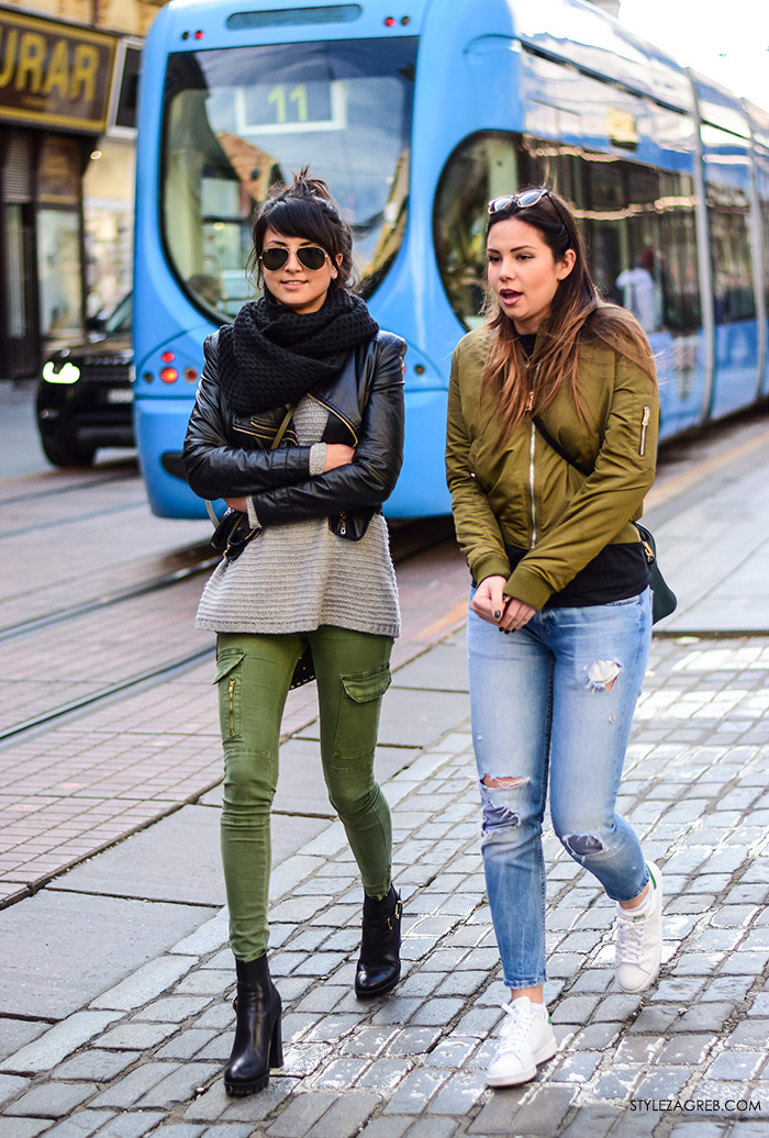 Zagreb street style, proljetna moda, crna bajkerska jakna i milirati zelene hlače, bomber jakna i poderane traperice, stylezagreb,