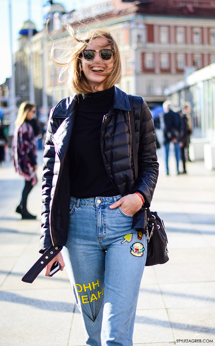 ulična moda izvezeni traper šljokice i štepana bajkerska jakna kako kombinirati street style Zagreb Maja Bučar, fizioterapeutkinja