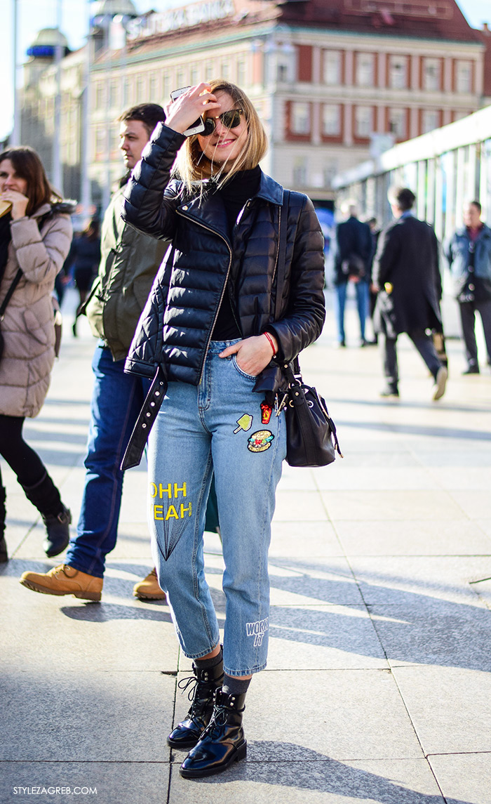 Subotnja špica ulična moda izvezeni traper šljokice i štepana bajkerska jakna kako kombinirati street style Zagreb Maja Bučar, fizioterapeutkinja