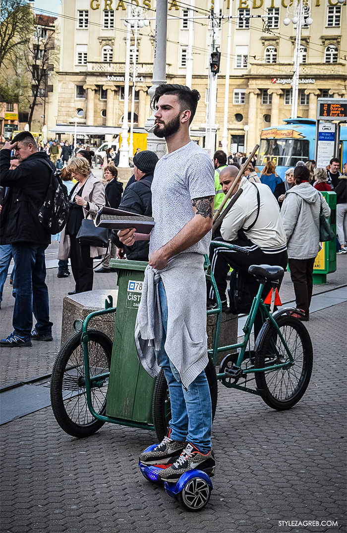 Zagreb street style, zagrebacka spica moda 2016, proljeće muška ulična moda dečki, Style Zagreb fotke, frajer na hoverboardu u trapericama, tetovaža