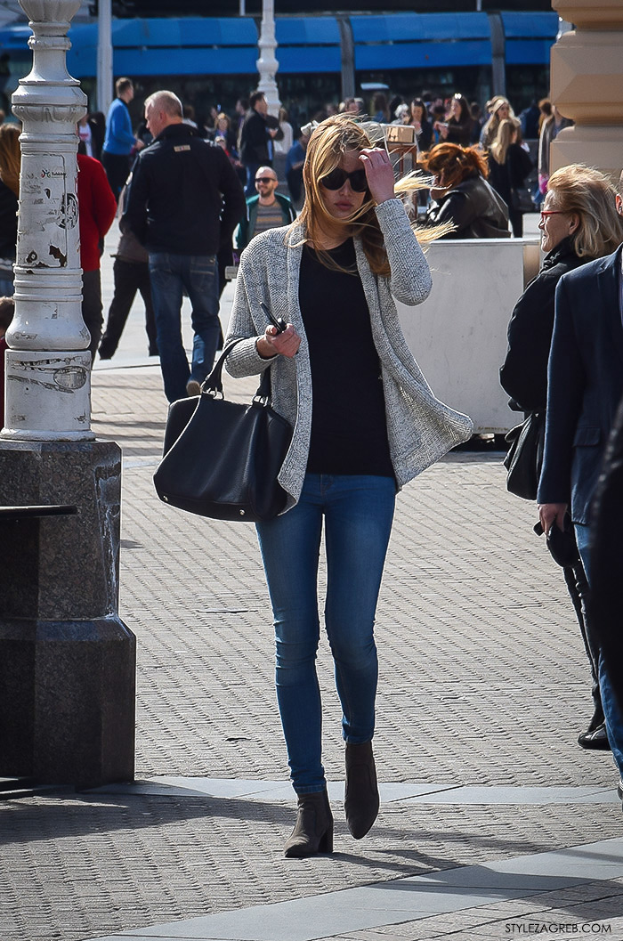 Zagreb street style proljeće ulična moda cure, siva vesta i skinny traperice