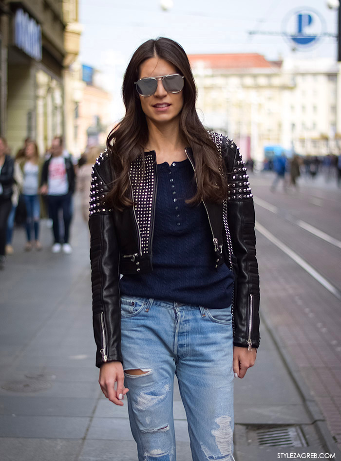 Ivana Žužul, stomatolog, modne kombinacije bajkerska jakna, žena proljetna moda fashion hr zagrebačka špica, street style Zagreb