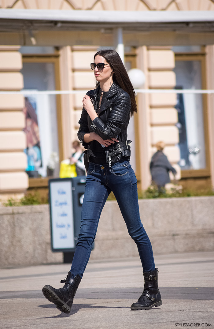 Lijepa cura u bajkerskoj jakni, žena proljetna moda fashion hr zagrebačka špica, street style Zagreb