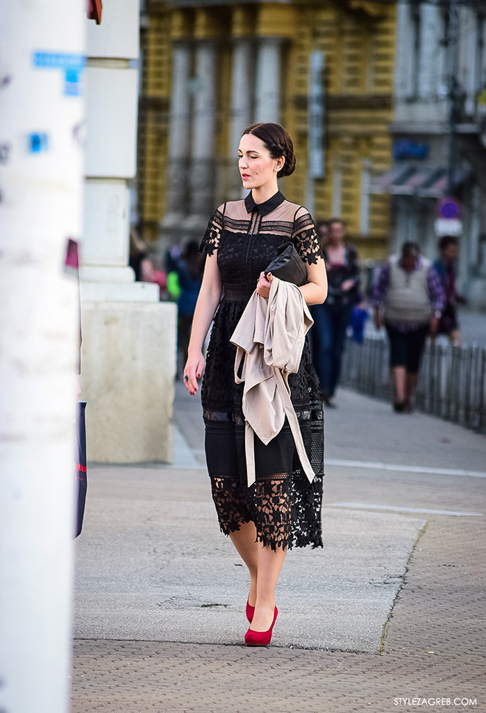 Self Portrait crna haljina i crvene štikle, Street style Zagreb, ženska elegantna odjeća za vjenčanja, što odjenuti za vjenčanje, špica Trg bana Jelačića i Ilica