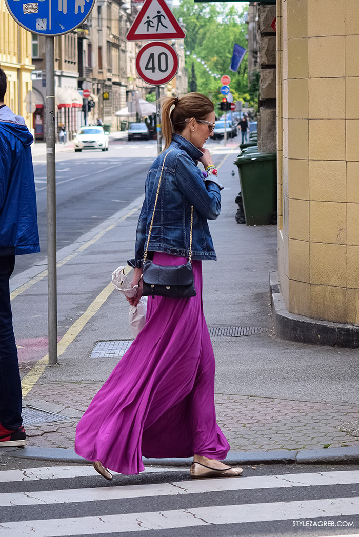 Zagreb ulična moda, Style Zagreb proljeće street style cro moda fashion žena hr, kako nositi duga suknja, traper jakna, metalik balerinke