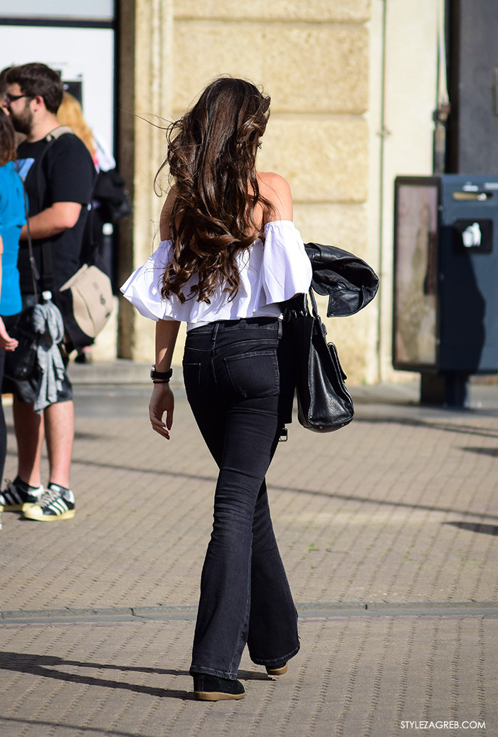 Nikol Ščrbec ekonomistica, street style zagreb top off shoulder gola ramena, bijeli top Zara otvorenih ramena i trapezice