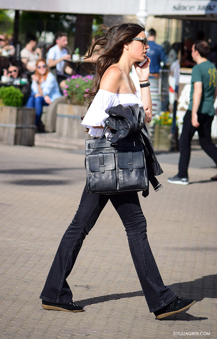 Nikol Ščrbec ekonomistica, street style zagreb top off shoulder gola ramena, bijeli top Zara otvorenih ramena i trapezice, zgodna žena, ženska moda