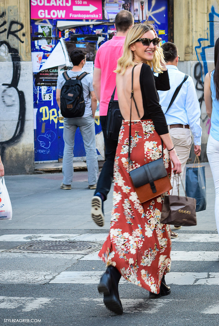 Street style Zagreb, Ivana Cvrlje menadžerica Zara, ljetna moda kako nositi top gola leđa i cvjetasta maksi suknja, ženska moda