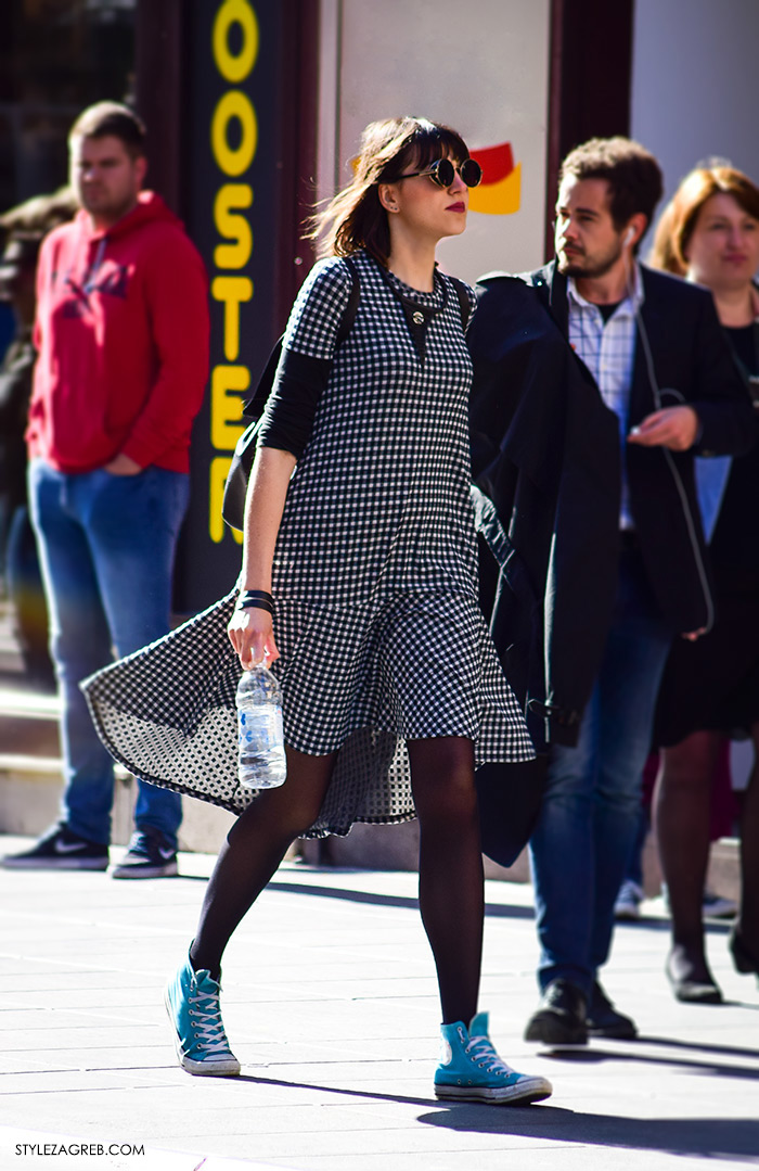 street style Zagreb, ulična ženska muška moda lipanj 2016, Zara kockasta haljina neravni rub