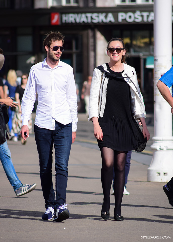 Street style Zagreb Hrvatska, ulična moda Zagreb, prosvjed Hrvatska može bolje 1.6.2016. Poslovna kombinacija ženska moda: bijela bukle Zara jakna i mala crna haljina, Danijel Hajden