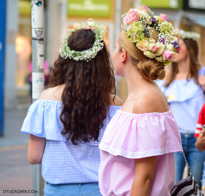 Street style Zagreb ljeto, djevojke u topićima off the shoulder gola ramena i cvjetni vjenčići, Tamara Pešić, Marta Pešić, Iva Pešić, Mirjana Zrno, instagram