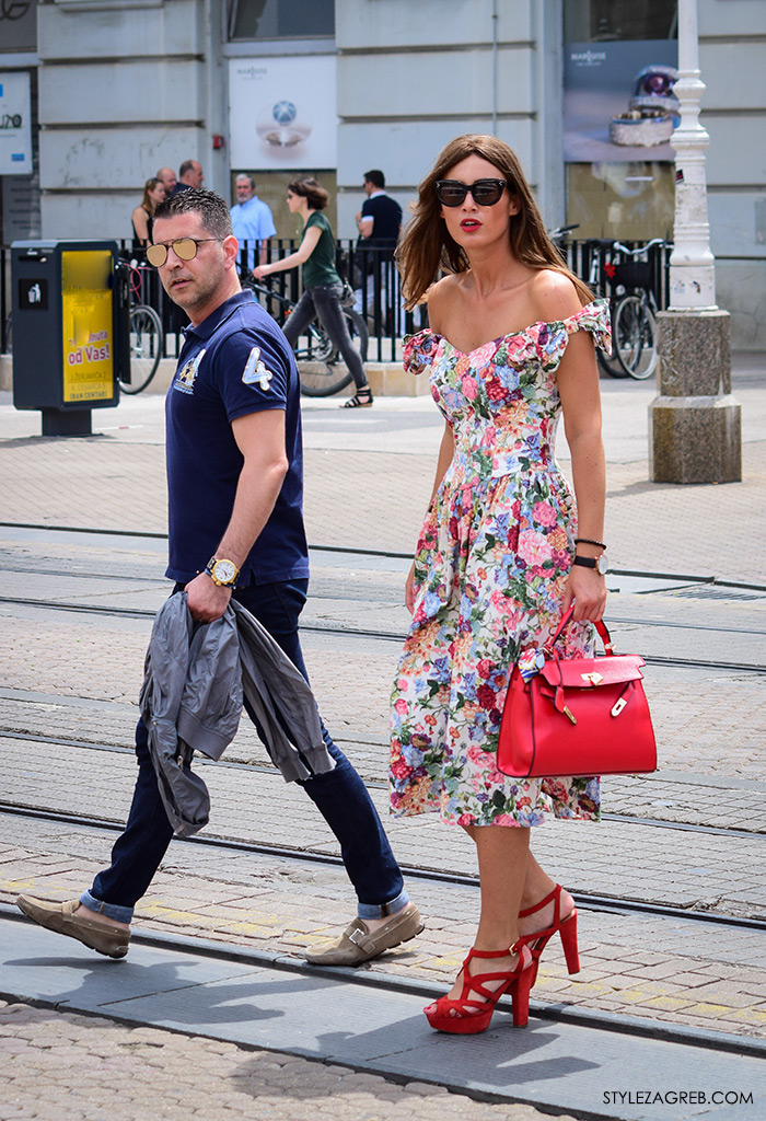 Cvjetasta haljina sa špice,street style Zagreb,zagrebačka špica,zgodna žena u retro haljini, Hermes crvena trorba