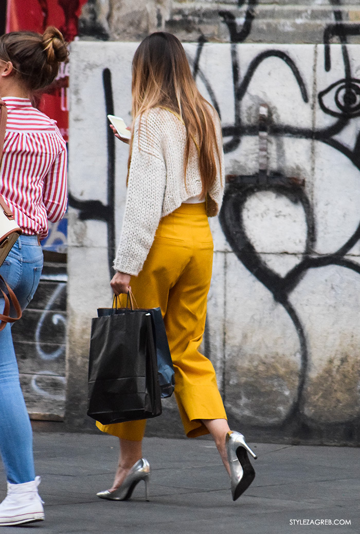 Poslovna moda 2016 jesen žena savjeti kako Zagreb street style ulična moda kombinacije poslovni look outfit styling, suknja-hlače, kratki džemper vesta, srebrne cipele na petu