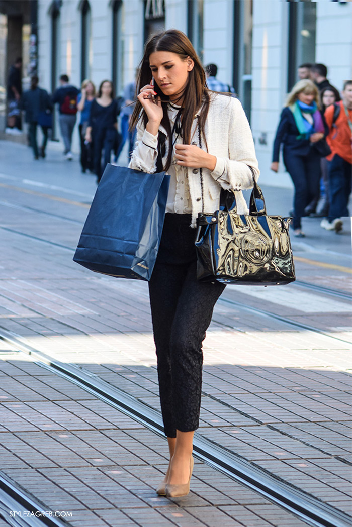 Poslovna moda 2016 jesen žena savjeti kako Zagreb street style ulična moda kombinacije poslovni look outfit styling, bež salonke i Zara Chanel blejzer