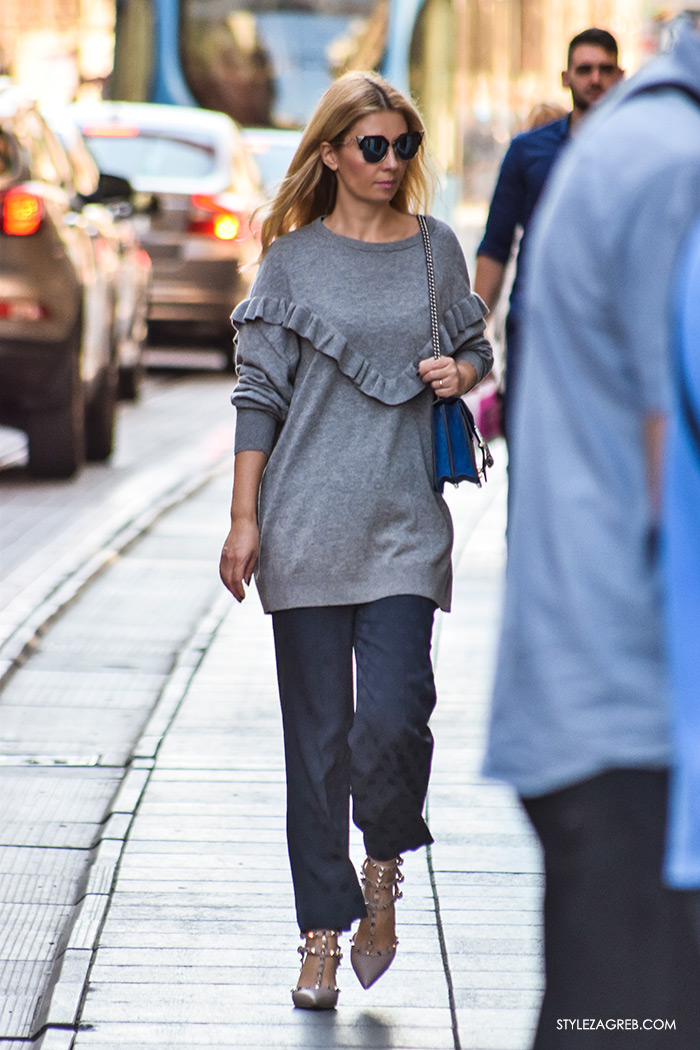 Odvjetnica Ana Olivari Pavličić, Poslovna moda 2016 jesen žena savjeti kako zagreb street style ulična moda kombinacije poslovni look outfit styling suknja-hlače, vesta s volanima, Gucci ženska torbica, Valentino cipele zakovice