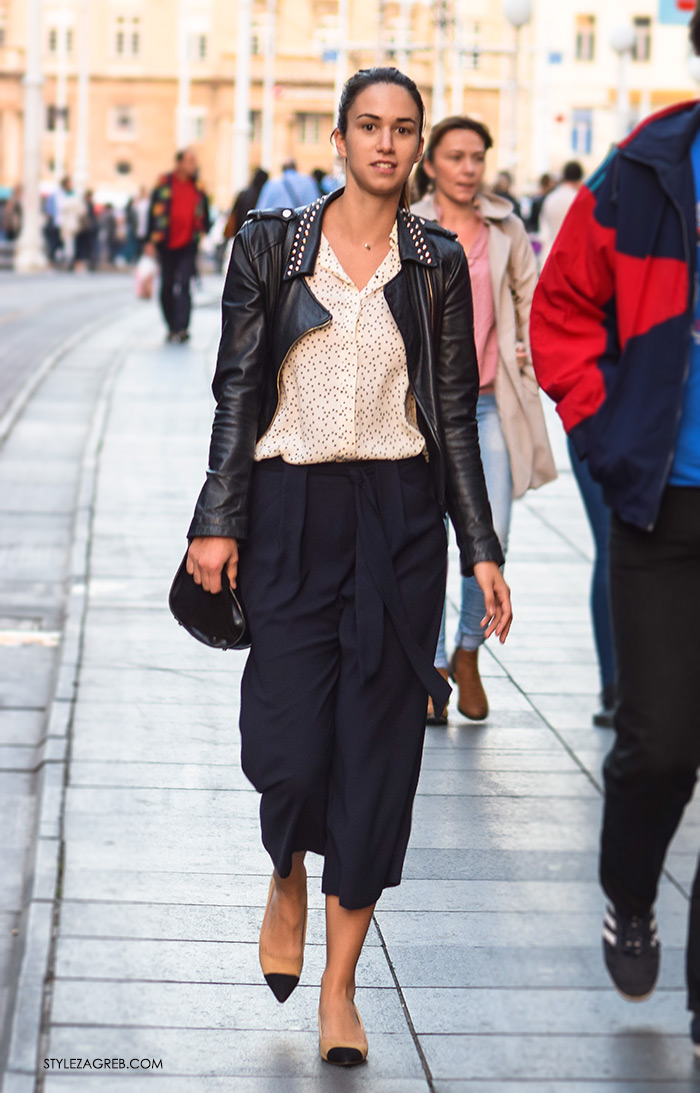 Poslovna moda 2016 jesen žena savjeti kako Zagreb street style ulična moda kombinacije poslovni look outfit styling, suknja-hlače culottes, košulja i kožna crna bajkerska jakna zakovice