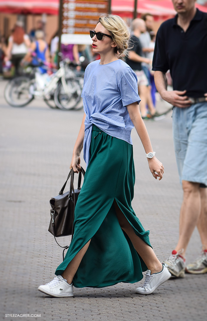 Kako nositi Zara asimetrična prugasta košulj, duga zelena maksi suknja i bijele tenisice 2016, poslovni look, how to wear white sneakers 2016 work outfit idea, žena hr, zena hr, croportal zena, žene croportal, ženska moda rujan 2016, Zagreb street style kraj ljeto, vremenska prognoza za 30 dana zagreb, vrijeme zadar 14 dana