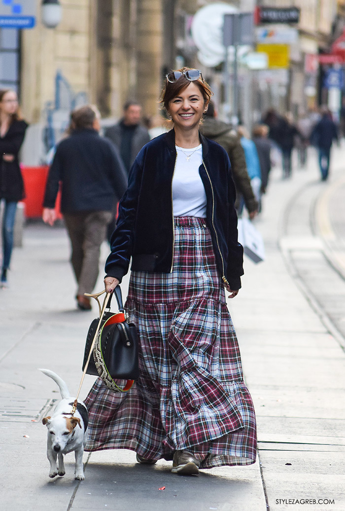 Moda jesen zima 2016 street style Zagreb, špica, duga karirana suknja i plava baršunasta jakna Sandro Paris, Ivana Vojtkuf Schmidt Instagram, Ilica Zara