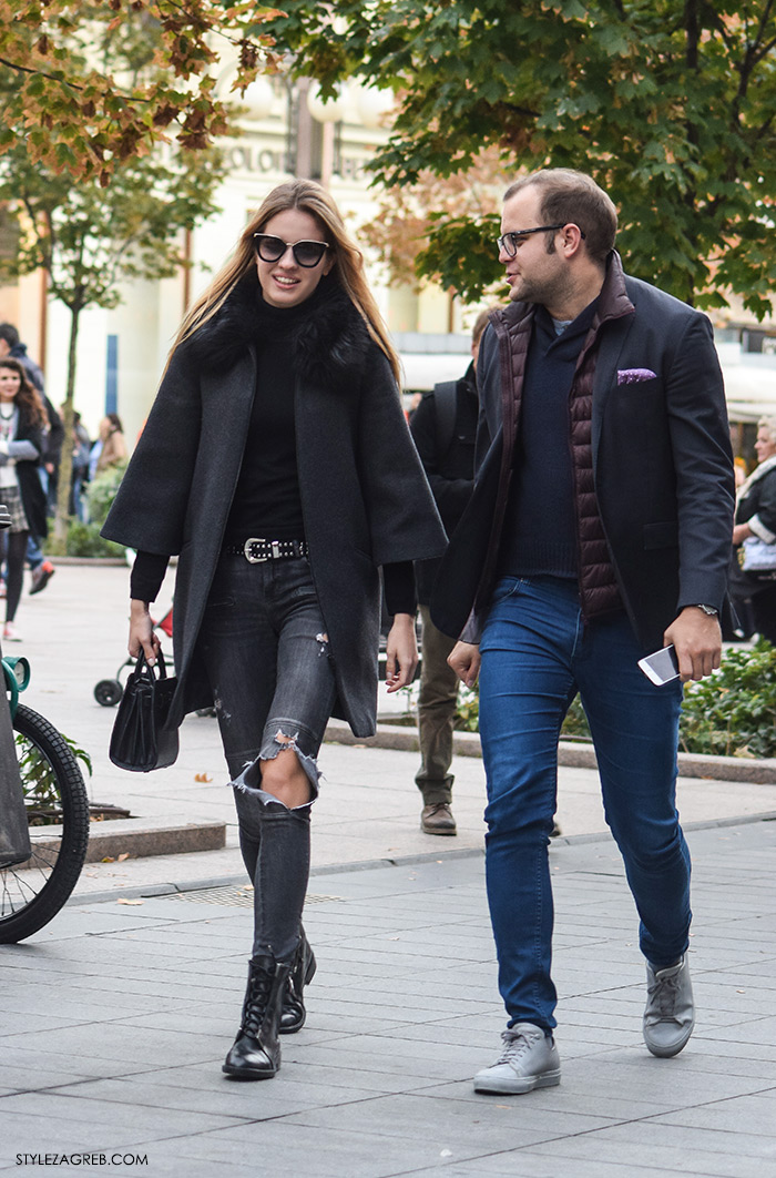 Par ženska muška moda jesen 2016 street style Zagreb ulična moda modna kombinacija sivi kaputić i poderane traperice, Marija Maretić