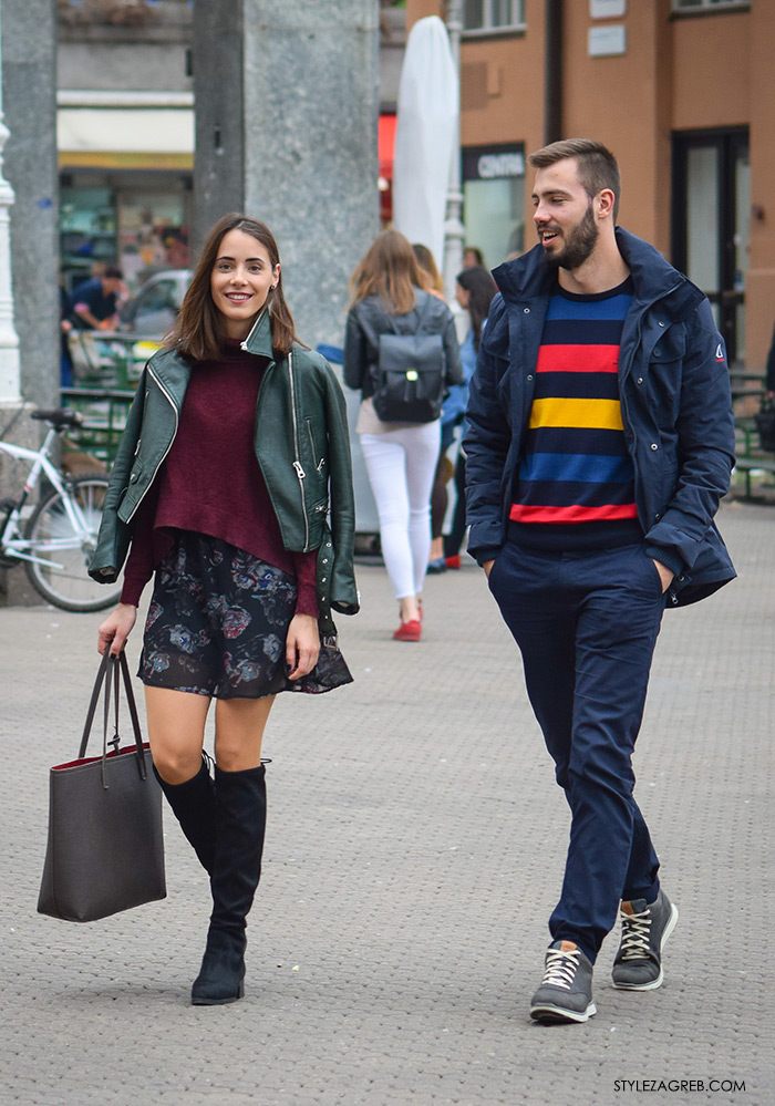 Zara zelena kožna bajkerska jakna, Par ženska muška moda jesen 2016 street style Zagreb ulična moda modna kombinacija minica i visoke čizme