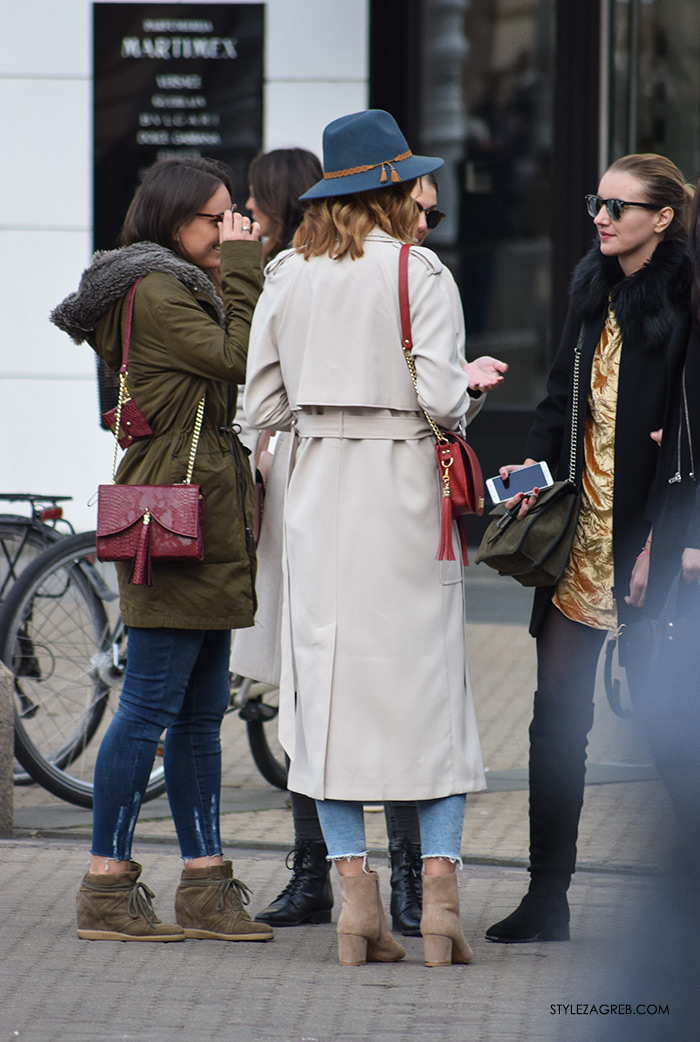 street style Zagreb ulična moda jesen zima 2016 kombinacija dugi baloner, traperice jeasn podernaog ruba, šešir, Rijana Hadžić street style look, Nohaa torbice