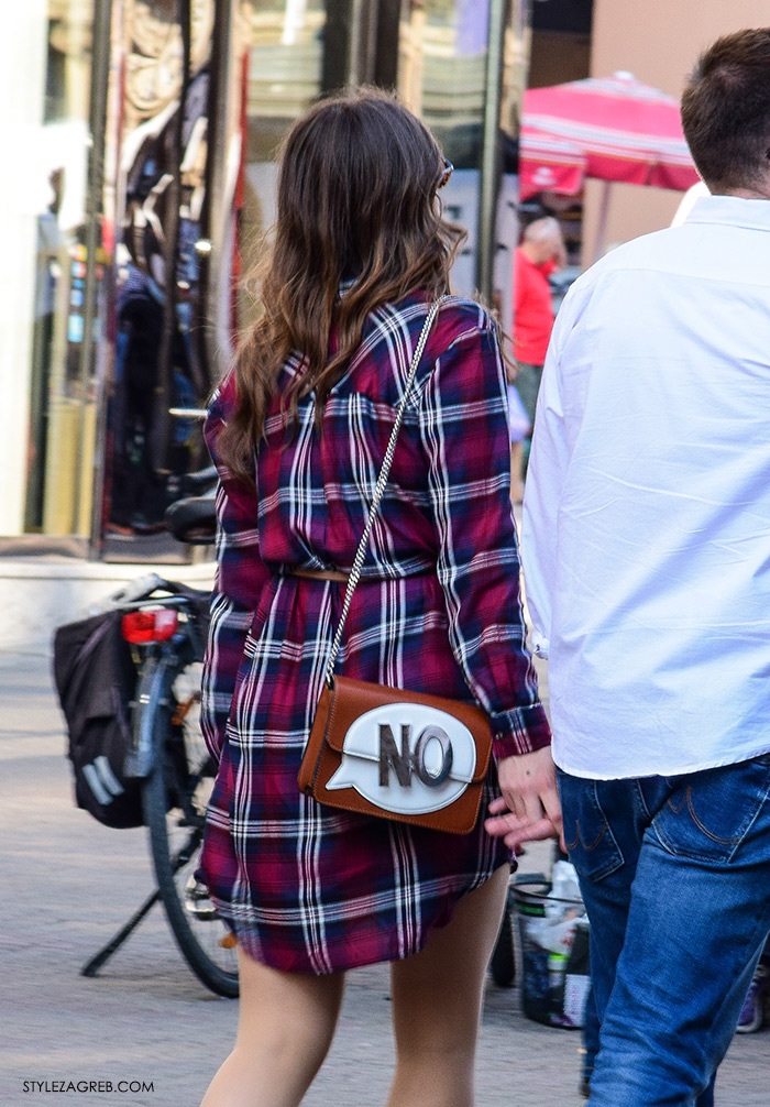 street style Zagreb ulična moda jesen zima 2016 karirana košulja-haljina i torbica s natpisom NO make up trikovi Jelena Peric Instagram