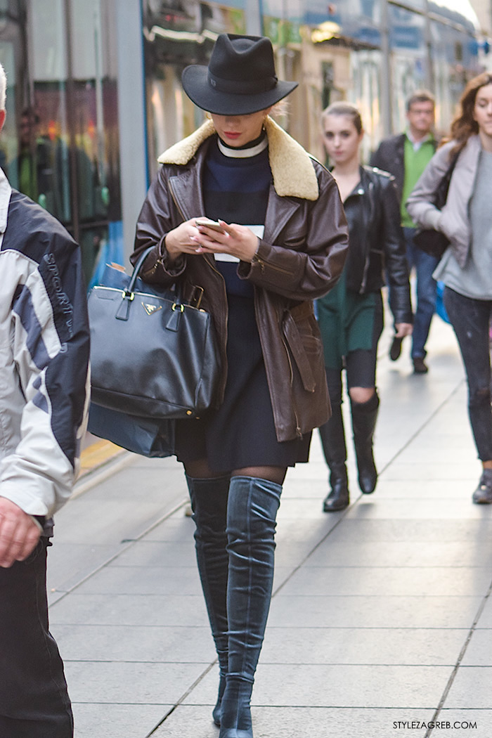 Street style Zagreb gdje kupiti baršun pliš velvet čizme preko koljen, Nika Bijelić Nika Audrey White Instagram, kombinacija styling čizme preko koljena, šešir, duža kožna jakna s krznom i mini haljina. Vrijeme u Zagrebu jesen zima moda 2016, Jelena Perić Instagram