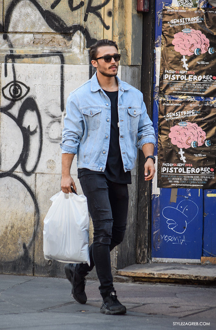 Street style Zagreb jesen 2016 muška moda, dress code jeans jacket, traper jakna i crne sunčane naočale