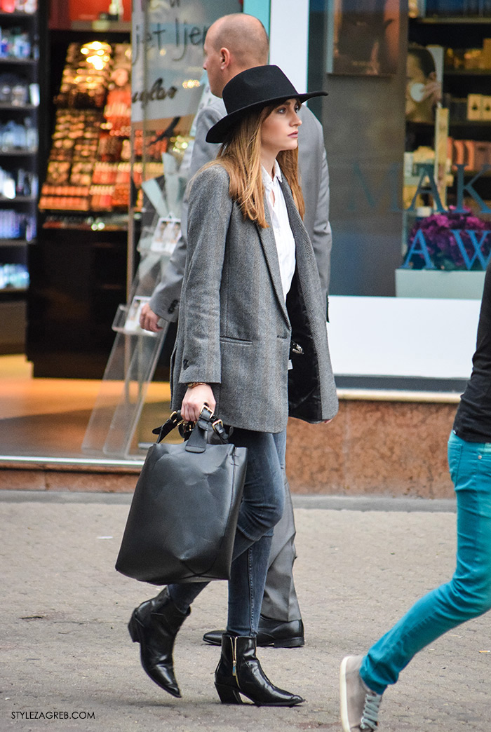 Style Zagreb šesiri moda zima 2017 street style Zagreb, kombinacije sivi sako, crni šešir, crne mini kaubojke