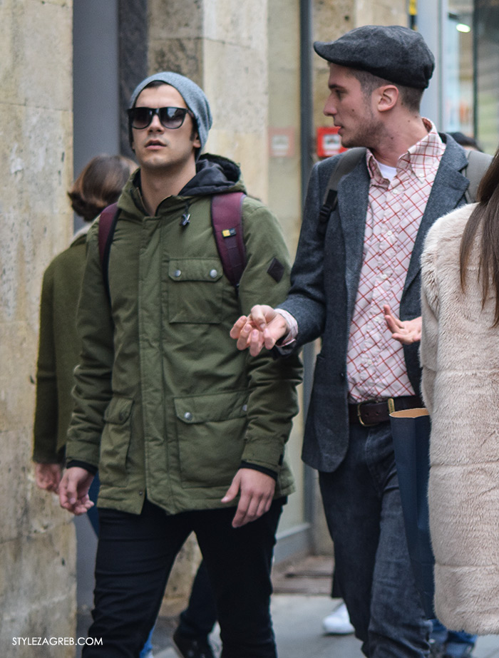 Street Style Zagreb muška ulična moda jesen zima kombinacija vojnička jakna, sunčane naočale, siva kapa, 