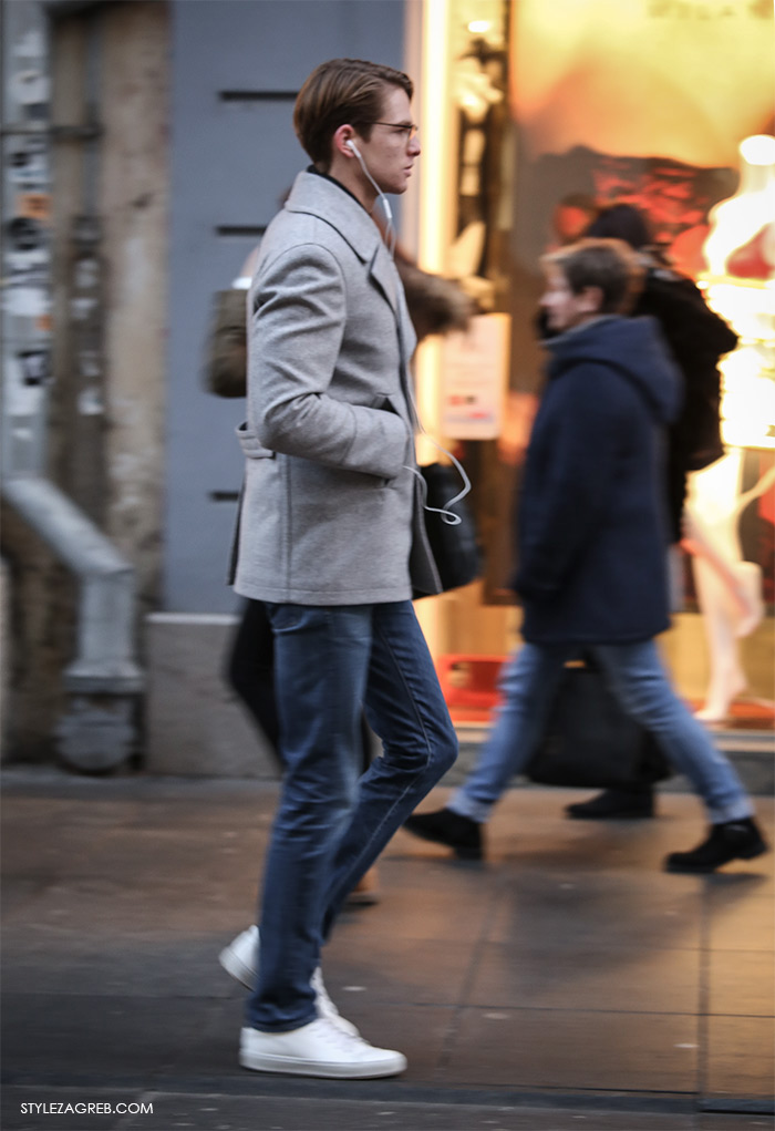 Shop best of Zagreb winter look, grey pea cote jeasn ans white sneakers man's winter casual look, street style ulična moda Zagreb treća adventska nedjalja, 17. prosinac 2016. kako kombinirati moda zima 