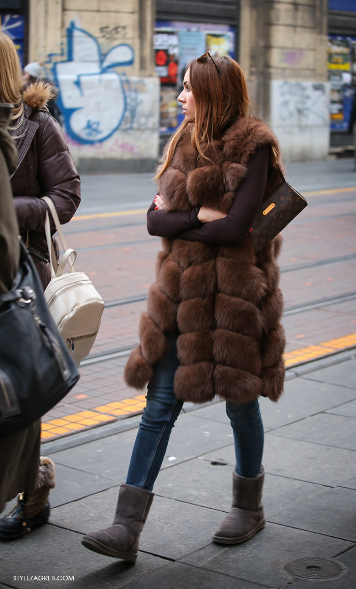 Street Style Zagreb Croatia, Shop best of Zagreb’s winter look, Women's winter fashion how to wear brown fur waistcoat, LV bag, UGG boots, Ulična moda u Zagrebu, špica subota Advent u Zagrebu, treća adventska nedjalja, 17. prosinac 2016. kako kombinirati moda zima smeđi krzneni prsluk, UGG čizmice i LV torbica stajling