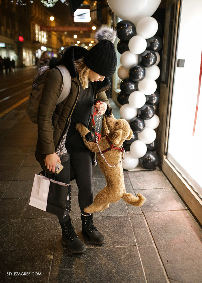 women's winter fashion what to wear street style, pretty photo of woman and a happy poodle dog