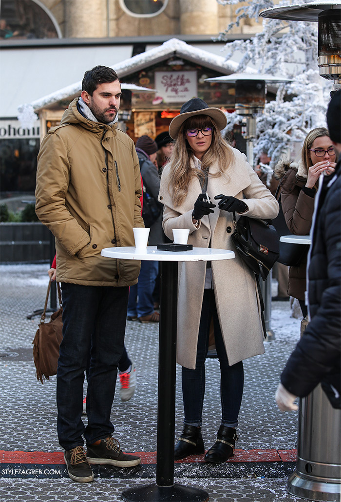 Women's winter fashion what to wear street style, couple, how to wear white coat, biker boots and a hat