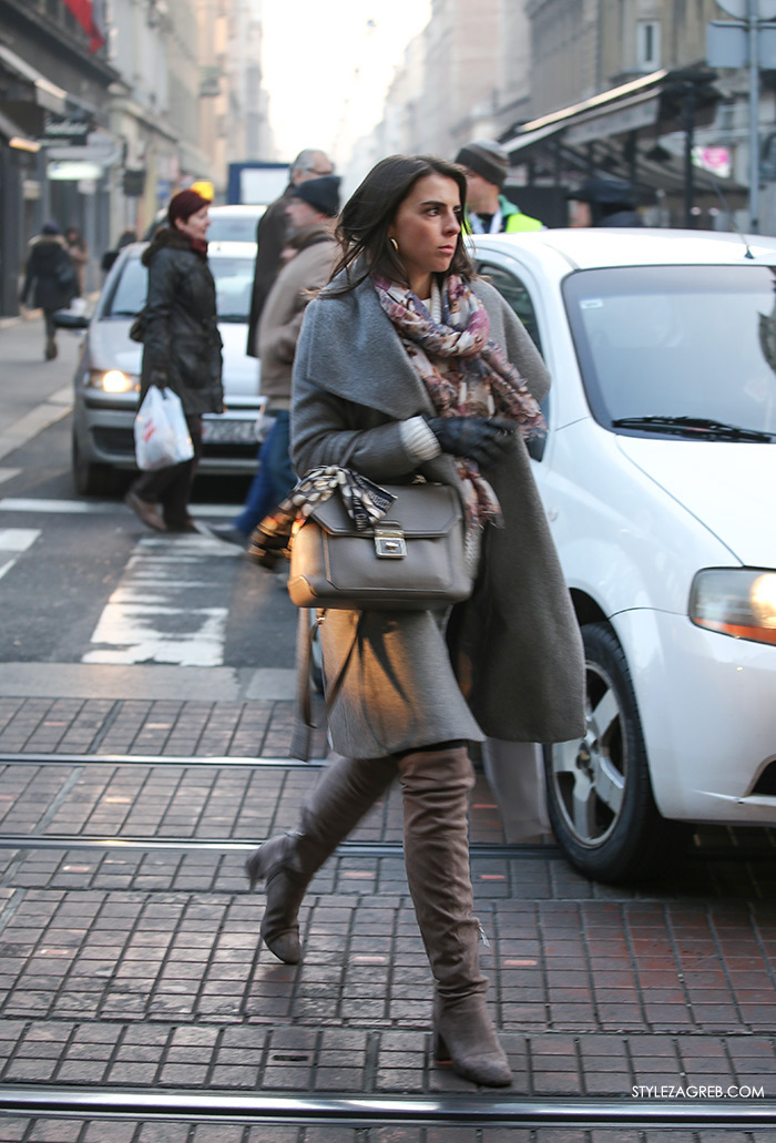 women's winter fashion what to wear street style how to wear grey coat, grey bag and grey over the knee boots, Jelena Ljubičić