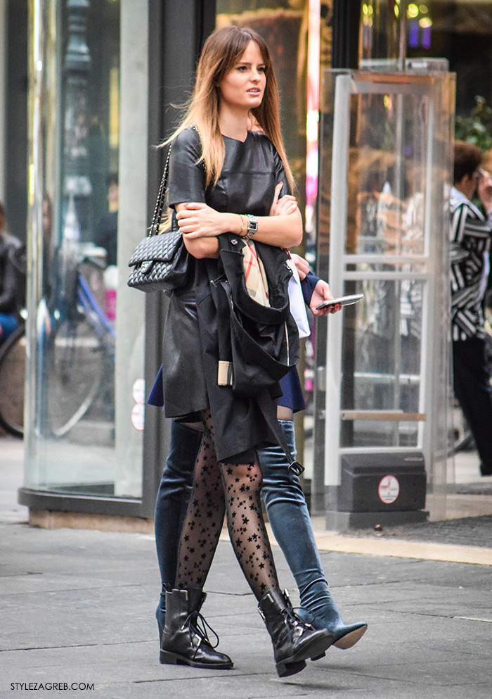 womens fashion, how to wear ankle boots and black leather dress, 20 dena sa zvjezdicama - novi adut za odličan styling, Style Zagreb trend ulična moda čarape od 20 dena novi street style trend, čarape sa zvjezdicama ideje kako kombinirati, čizme preko koljena baršun Zara plave