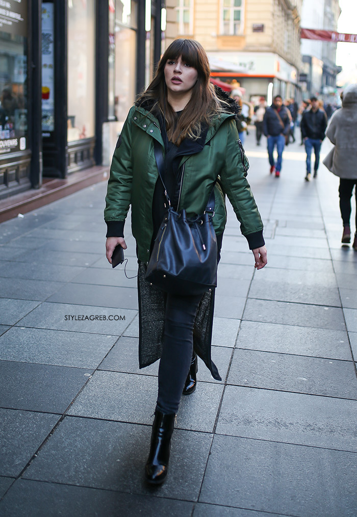 Slojevito: evo kako postići izvrstan zimski outfit! Street style moda Zagreb, gdje kupiti dugi džemper, zelena bomber jakna, kaput bez rukava, winter women's fashion how to style wear sleveless coat styling tips ideas, how to wear bomber jacket