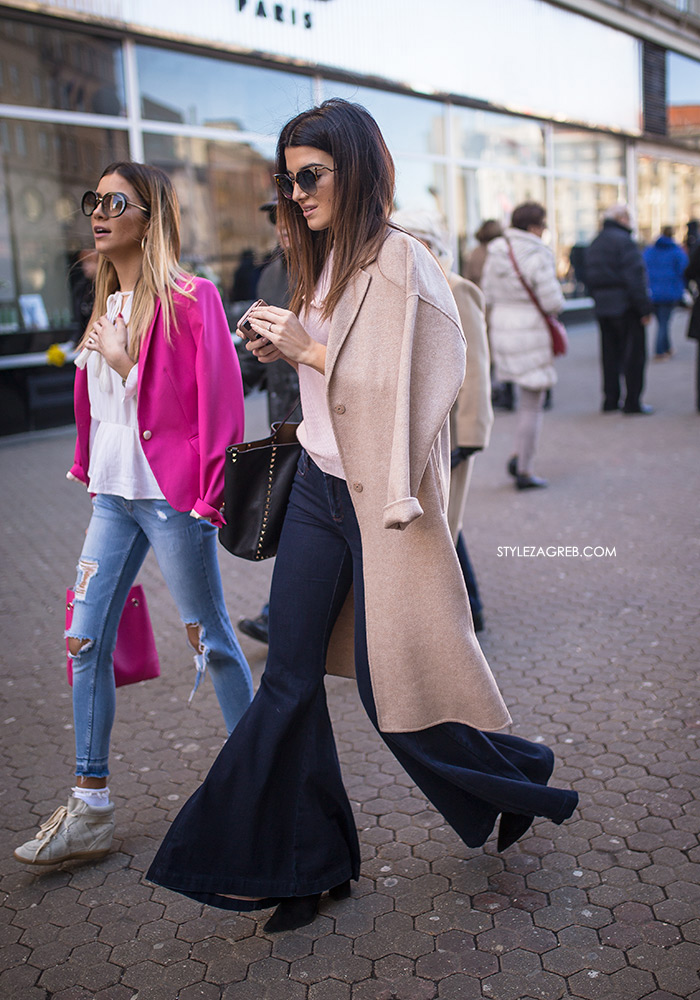 Najmodernija cura na špici slika Style Zagreb ženski kaput, trapez hlače, street style Zagreb ulična moda kako nositi trapezice Severina kave se traperice sada nose women's fashion jeans