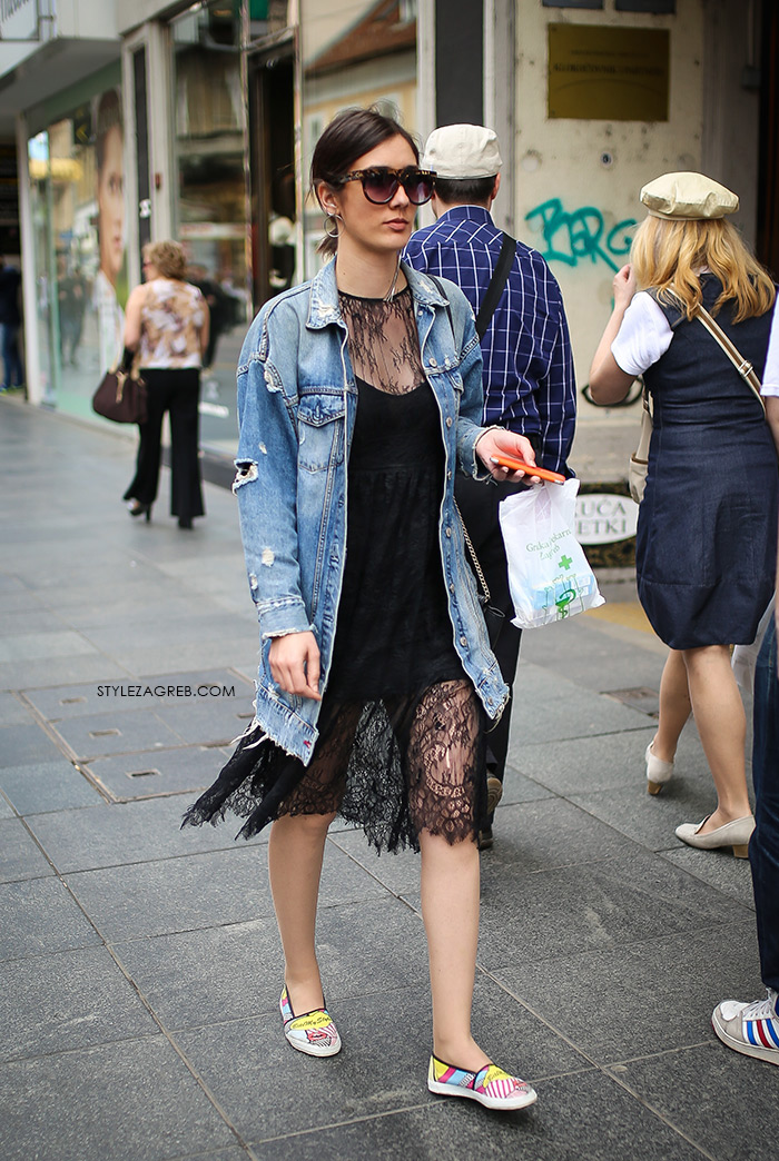 zagrebačka špica proljetna moda street style styling duže traper jakna haljina crna čipka špagerice
