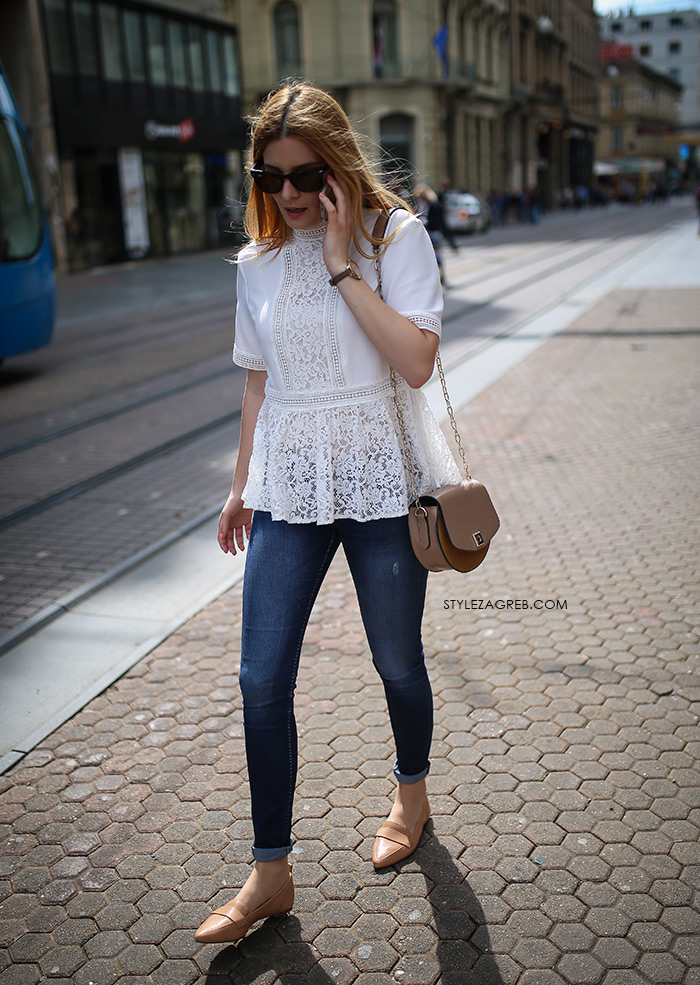 zagrebačka špica proljetna moda street style styling bijeli top peplum čipka traperice